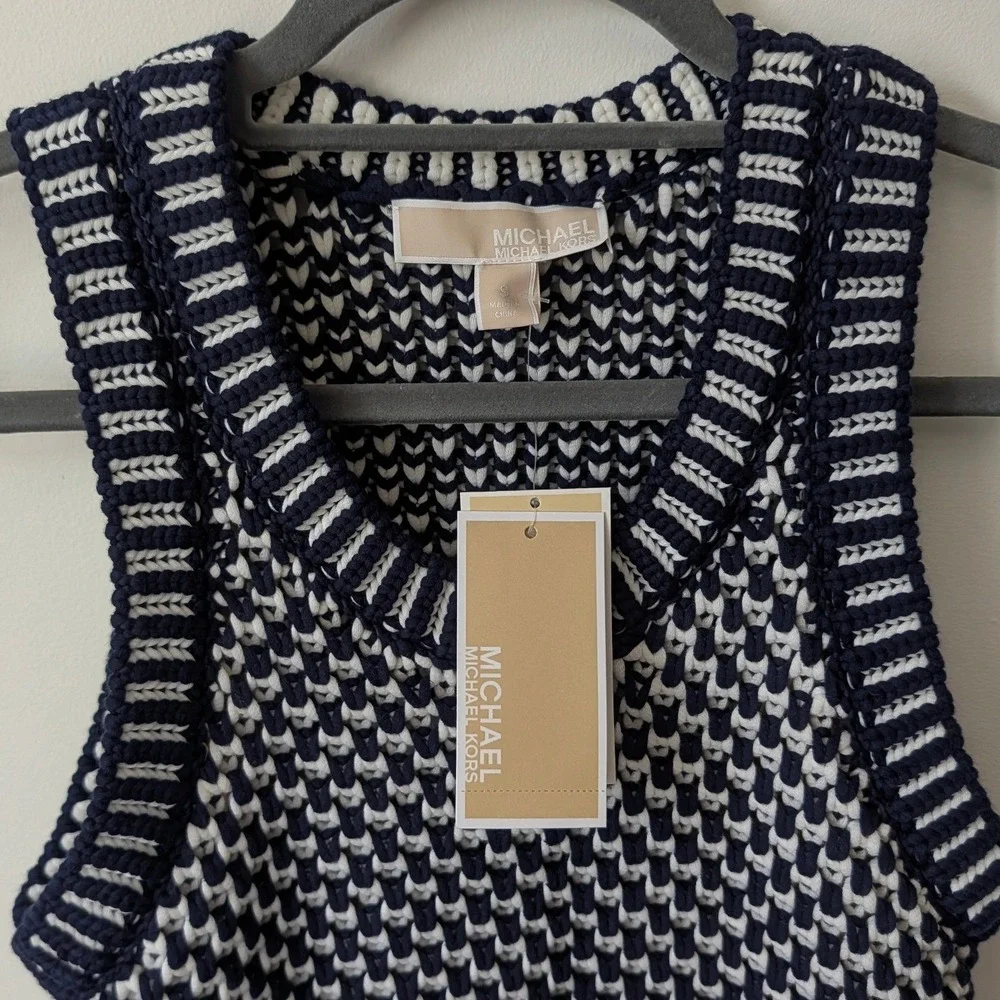 Michael Kors Crochet Fringe Sleeveless Dress, Navy/White, Small NWT